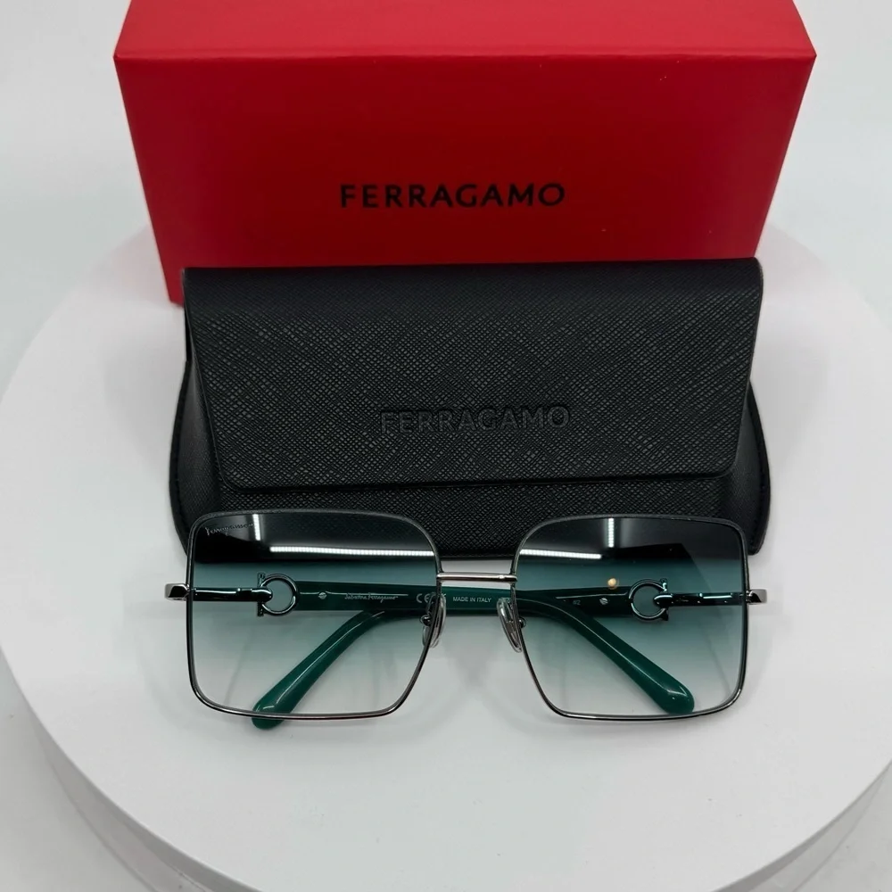 NEW! Salvatore Ferragamo Rectangle Sunglasses Silver Frame /Turquoise Gradient